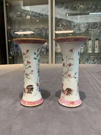 A Chinese famille rose 'birds' garniture with five vases, Qianlong
