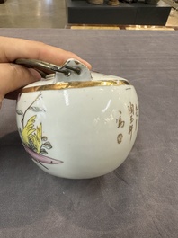 Two Chinese famille rose teapots and a covered cup, including Wu Shuang Pu, signed Tao Yu Xuan陶玉軒, Wan Yu mark, dated 1912 and 19/20th C.