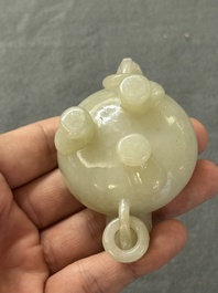Two Chinese celadon jade censers, a snuff bottle and a two-handled cup, Ming and later