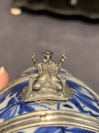 A Dutch silver-mounted Chinese blue and white barrel, silver dated 1857, Kangxi