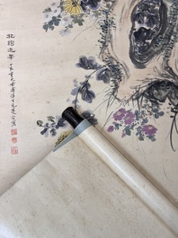 Wang Xuetao 王雪濤 (1903-1982): 'Rocks and flowers', ink and colour on paper, dated 1847
