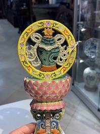 A large Chinese famille rose Buddhist emblem altar ornament, Qianlong mark and of the period