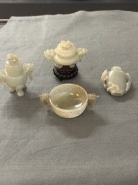 Two Chinese celadon jade censers, a snuff bottle and a two-handled cup, Ming and later