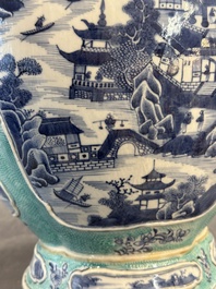 A pair of Chinese turquoise-ground blue and white vases depicting the Whampoa Pagoda and the Pearl River, Qianlong