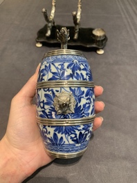 A Dutch silver-mounted Chinese blue and white barrel, silver dated 1857, Kangxi