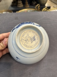 Six Chinese blue and white shipwreck bowls and three covered boxes from the Hatcher and Nanking cargo, Transitional period and Qianlong