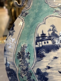 A pair of Chinese turquoise-ground blue and white vases depicting the Whampoa Pagoda and the Pearl River, Qianlong