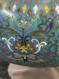 A large Chinese cloisonn&eacute; 'dragon' tripod censer and cover, Republic