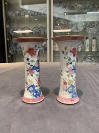 A Chinese famille rose 'birds' garniture with five vases, Qianlong