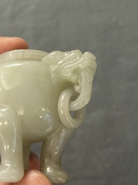 Two Chinese celadon jade censers, a snuff bottle and a two-handled cup, Ming and later