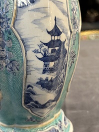 A pair of Chinese turquoise-ground blue and white vases depicting the Whampoa Pagoda and the Pearl River, Qianlong