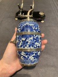 A Dutch silver-mounted Chinese blue and white barrel, silver dated 1857, Kangxi