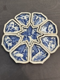 A fine Chinese blue and white sweetmeat set with figural design, Kangxi