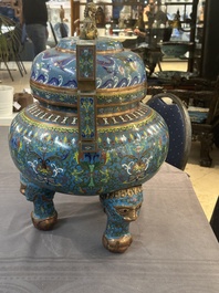 A large Chinese cloisonn&eacute; 'dragon' tripod censer and cover, Republic