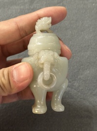 Two Chinese celadon jade censers, a snuff bottle and a two-handled cup, Ming and later