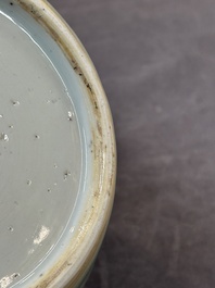 A Chinese celadon-glazed 'dragon' jar with reticulated wooden cover and stand, Qianlong