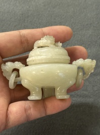 Two Chinese celadon jade censers, a snuff bottle and a two-handled cup, Ming and later