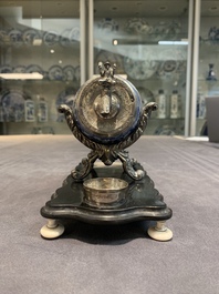 A Dutch silver-mounted Chinese blue and white barrel, silver dated 1857, Kangxi