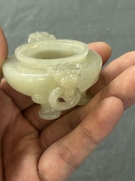 Two Chinese celadon jade censers, a snuff bottle and a two-handled cup, Ming and later