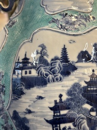 A pair of Chinese turquoise-ground blue and white vases depicting the Whampoa Pagoda and the Pearl River, Qianlong