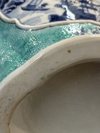 A pair of Chinese turquoise-ground blue and white vases depicting the Whampoa Pagoda and the Pearl River, Qianlong