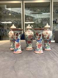 A Chinese famille rose 'birds' garniture with five vases, Qianlong