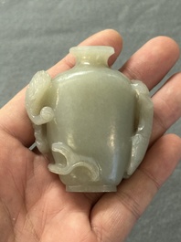 Two Chinese celadon jade censers, a snuff bottle and a two-handled cup, Ming and later