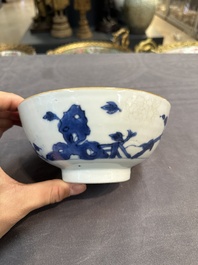 Six Chinese blue and white shipwreck bowls and three covered boxes from the Hatcher and Nanking cargo, Transitional period and Qianlong