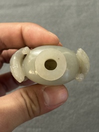 Two Chinese celadon jade censers, a snuff bottle and a two-handled cup, Ming and later