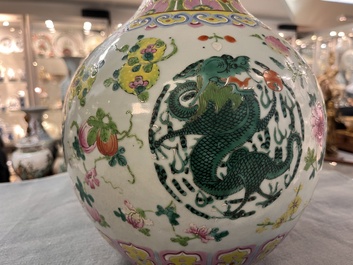 A Chinese famille rose 'dragon' 'tianqiuping' vase, 19th C.