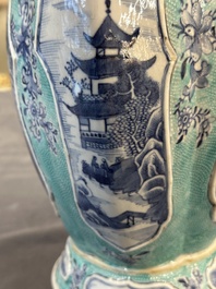 A pair of Chinese turquoise-ground blue and white vases depicting the Whampoa Pagoda and the Pearl River, Qianlong