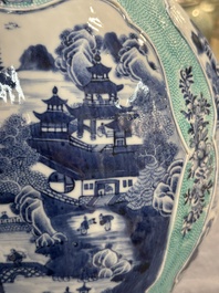 A pair of Chinese turquoise-ground blue and white vases depicting the Whampoa Pagoda and the Pearl River, Qianlong