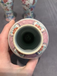 A Chinese famille rose 'birds' garniture with five vases, Qianlong