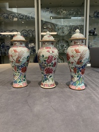 A Chinese famille rose 'birds' garniture with five vases, Qianlong