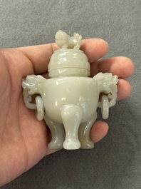 Two Chinese celadon jade censers, a snuff bottle and a two-handled cup, Ming and later