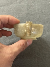 Two Chinese celadon jade censers, a snuff bottle and a two-handled cup, Ming and later