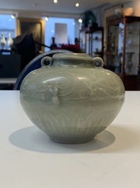 Two Chinese Longquan celadon jars with floral design, Ming