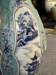 A pair of Chinese turquoise-ground blue and white vases depicting the Whampoa Pagoda and the Pearl River, Qianlong