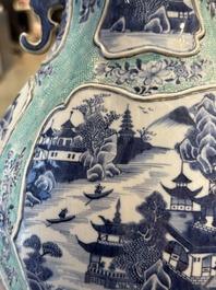 A pair of Chinese turquoise-ground blue and white vases depicting the Whampoa Pagoda and the Pearl River, Qianlong