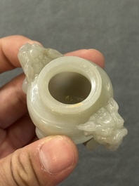 Two Chinese celadon jade censers, a snuff bottle and a two-handled cup, Ming and later