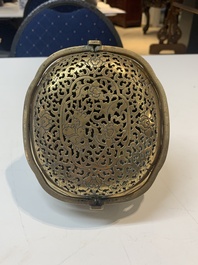 A Chinese bronze 'landscape' handwarmer, Qiu Fuxi 丘福禧 mark, 19th C.