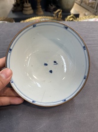 Six Chinese blue and white shipwreck bowls and three covered boxes from the Hatcher and Nanking cargo, Transitional period and Qianlong