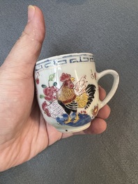 Two Chinese famille rose 'rooster' teapots, a milk jug and four handled cups, Yongzheng
