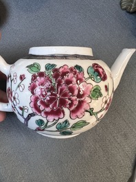 Two Chinese famille rose 'rooster' teapots, a milk jug and four handled cups, Yongzheng