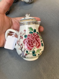 Two Chinese famille rose 'rooster' teapots, a milk jug and four handled cups, Yongzheng