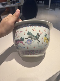 A Chinese famille rose vase, a jardini&egrave;re and a dish, Qianlong and Guangxu marks, 20th C.