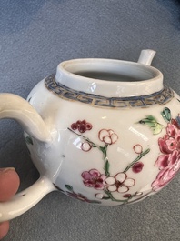 Two Chinese famille rose 'rooster' teapots, a milk jug and four handled cups, Yongzheng