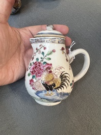 Two Chinese famille rose 'rooster' teapots, a milk jug and four handled cups, Yongzheng