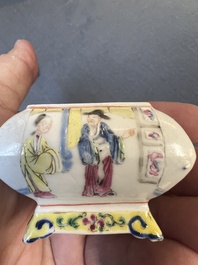 A fine Chinese famille rose covered water pot with figural design on wooden stand, 18th C.