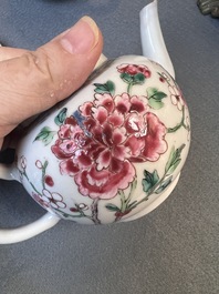 Two Chinese famille rose 'rooster' teapots, a milk jug and four handled cups, Yongzheng